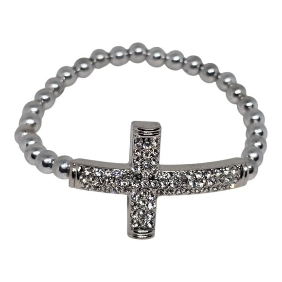 None Jewelry - Rhinestone Cross Beaded Stretch Bracelet In Silver Tone